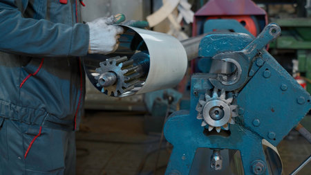Metal rolling machine working in industrial workshop. Creative. Worker at a factory by a metal...