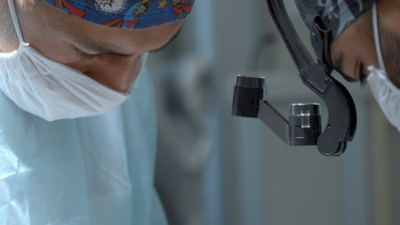 A close up male medical worker with a disposable mask and hat is wearing a special equipment on his...