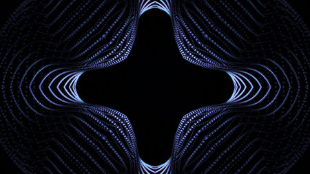Geometric generated pattern of lines moving on black background. Design. Geometric pattern with floral curves moves on black background. Dotted lines move in hypnotic geometric patternの写真素材