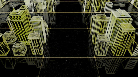 3D layout of a big city. Animation. Visualization of buildings and streets of a town.