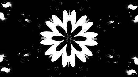 Abstract symmetrical pattern with neon shapes looking like a lower bud. Design. Endless blinking fractal shapes.の写真素材