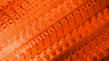 Orange lines made of stripes. Design. Orange and red lines made of rectangles that bounce in 3d format.の写真素材