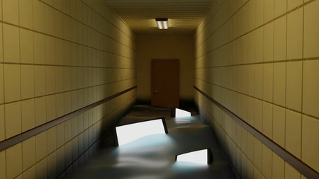 Glowing screens in water. Design. 3D corridor with water and glowing screens. Stylish futuristic animation with 3d corridor and water. Flooded hospital corridorの写真素材