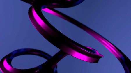 Abstract background with metallic curved stripes in 3d animation. Design. Black bended lines and pink light flares.の写真素材