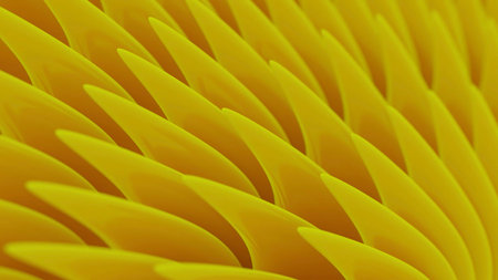 Abstract blades rotating, moving in a circular trajectory. Design. Yellow bending rotating rows of...