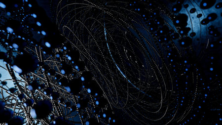 Abstract background of metal strings and beads. Design. Technological tornado im spinning motion.の写真素材