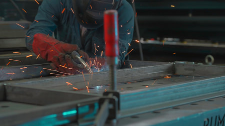 Man in mask works with welding metal structures at factory. Creative. Welder in equipment works at...