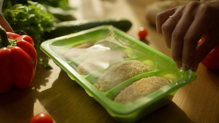 Frozen semi-finished products. Stock footage. The process of cooking cutlets with vegetables and side dishes.の写真素材
