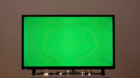 Green TV screen with flashing garland. Concept. Garland flashes on background of green TV in room. Green screen TV in empty room with festive atmosphereの写真素材