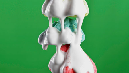 Slow motion of white chocolate is poured onto sweet meringues. Stock clip. Dessert in front of green chroma key background.の写真素材