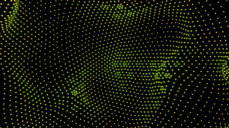 Dotted wavy surface with green glow. Design. Motion of shapes, green particles background.