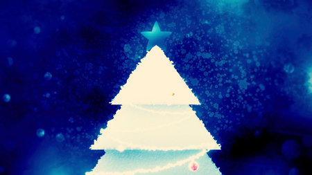 Winter theme for Christmas or New Year background with a silhouette of a tree. Motion. Close up of Xmas tree from particles on a sparkling background.の写真素材