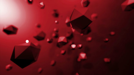 Geometric molecules move in rotating flow. Design. 3D polygons rotate in space. Chaotic rotation of...