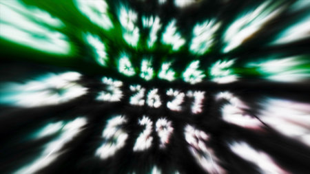 Bright appearing numbers in virtual space. Motion. Bright glowing numbers appear in stream of computer wandering. Creepy glowing numbers with distortionの写真素材