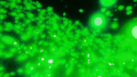 Space with glowing fluffy balls. Motion. Field of glowing balls in dark space. Lots of glowing balls...