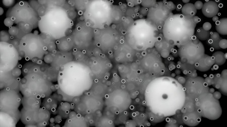 Flying through monochrome shapes. Design. Round blurred figures or dots.