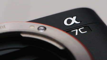 Japan, Tokyo - May 20, 2023: Close-up camera and lens. Action. Details of new camera model on...
