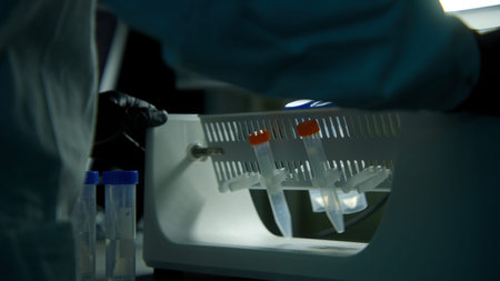 Tests in the laboratory. Stock footage. Young medical workers who work with equipment and assays in...