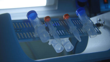 Equipment with rotating flasks. Stock footage. Rotating flasks with tests in laboratory. Chemical...