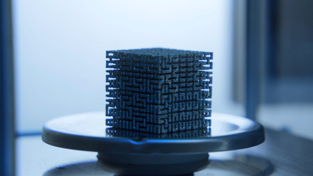 Close-up of cube in laboratory. Stock footage. Futuristic 3D cube lies in scientific laboratory....