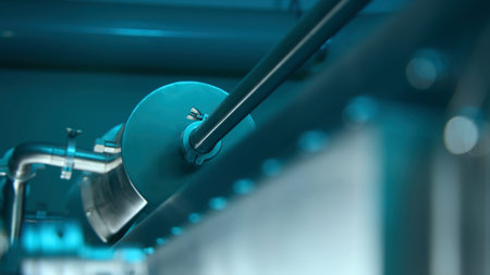 Close-up of steel pipes and barrels for gas. Stock footage. New pipe system with steel body. Pipes...