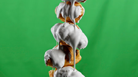 Dessert kitchen concept on a green background. Stock clip. Oranges and sweet butter cookies doused with white sweet custard.の写真素材