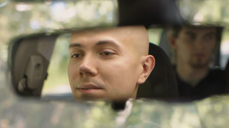 Young man in rearview mirror of car. Stock. Man and friend are driving in car in summer....