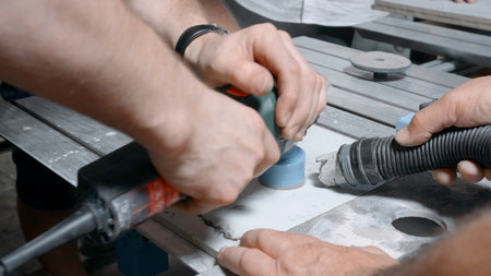 Repair work in the room. Creative. A man with strong hands grinds and cleans special surfaces for assembling furniture.の写真素材