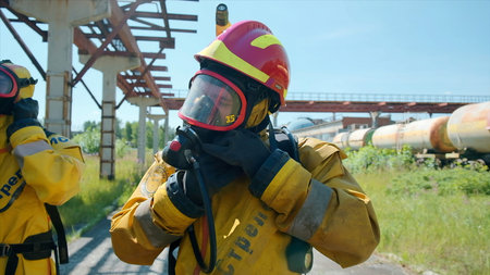 Fire safety exercises. Clip. Men in special uniforms and gas masks conduct rescue exercises on the...