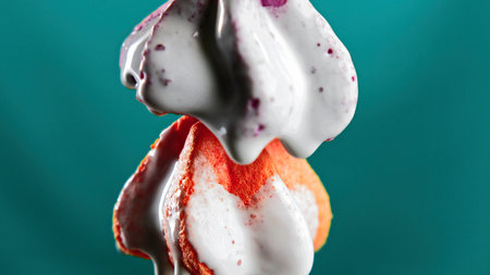 Colorful cookies in liquid cream. Stock clip. White cream flows down colorful cookies. Creative...