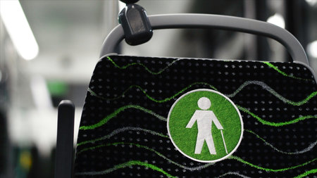 Seating for disabled in public transport. Motion. Badge on seat in public transport for elderly and disabled. Special places for people with disabilitiesの写真素材