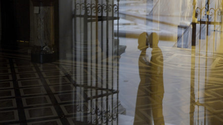 Detailed wedding photography. Action. The silhouette of the kissing newlyweds and their walk down...