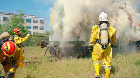 Preparation of firefighters for extinguishing. Clip. Firefighters are preparing equipment to...