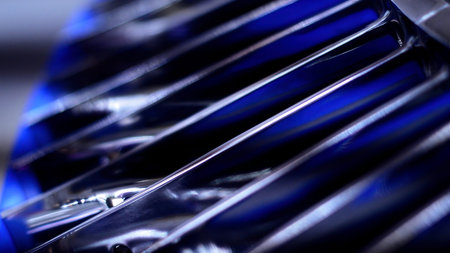 Turning machine part at the modern factory, automated mechanism. Motion. Industrial background of metal machine at work.の写真素材