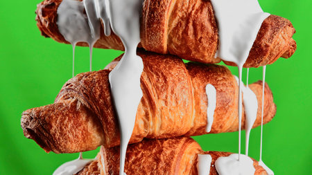 Concept of delicious breakfast. Stock clip. White glaze draining down the freshly baked croissants, close up view.の写真素材