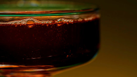 Close up of red soft drink inside a glass against a wall changing color. Stock clip. Bubbles of air inside a glass of soda.の写真素材