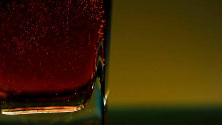 Close up of red soft drink inside a glass against a wall changing color. Stock clip. Bubbles of air inside a glass of soda.の写真素材