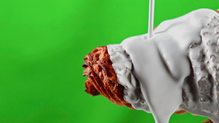 Trickling sweet white chocolate glaze covering small croissant. Stock clip. Pastry product isolated on a green chroma key background.の写真素材