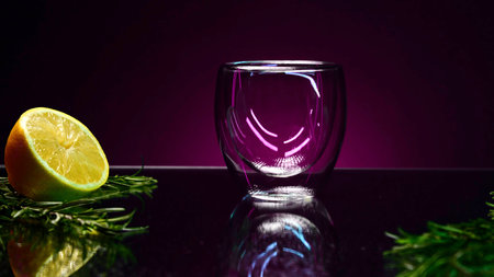 Close up of empty cocktail glass with rosemary and oranges on the bar counter. Stock clip. Concept of gastronomy and cuisine.の写真素材