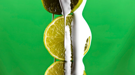 Close up of lime fruits being covered by toxic white liquid paint isolated on a green chroma key background. Stock clip. Concept of ecology and food waste.の写真素材