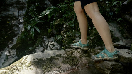 Travelling in jungles. Creative. Close up of female legs walking on rocks stepping over the stream on green tree branches background.の写真素材