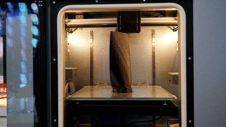 3d printer prints object close-up. Media. Automatic 3D printer machine at work, concept of modern...