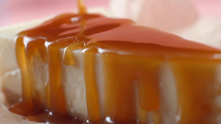 Delicious slice of cheesecake, which is pouring by thin stream of caramel sauce. Frame. Close-upの写真素材