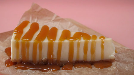 Delicious slice of cheesecake, which is pouring by thin stream of caramel sauce. Frame. Close-upの写真素材