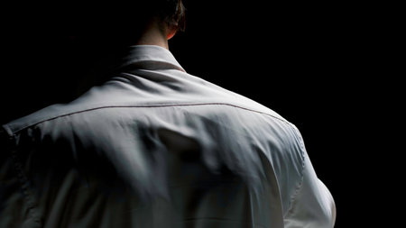 Rear view of a man putting on a white shirt isolated on a black background. Stock footage. Men getting dressed.の写真素材
