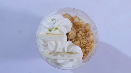 Sweet dessert in glass with biscuit, whipped cream. Ice cream with whipped cream close upの写真素材