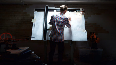 Rear view of male architect working on blueprint. Rear view of engineer drawing project of business...