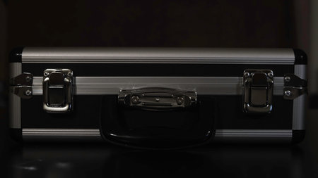 A person finding treasure in silver metal suitcase in a dark room. Concept. Unknown shining object lying inside an opened mysterious carrying case.の写真素材