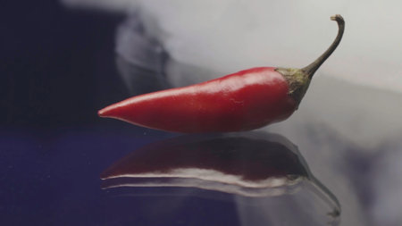 Close-up of hot pepper with smoke. Stock footage. Red chili pepper on isolated background with smoke. Hot pepper shrouds in thick fog. Spectacular chili pepper in thick smokeの写真素材