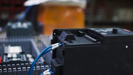 Close-up of charging electric battery with wires. Clip. Black battery box for large electrical...